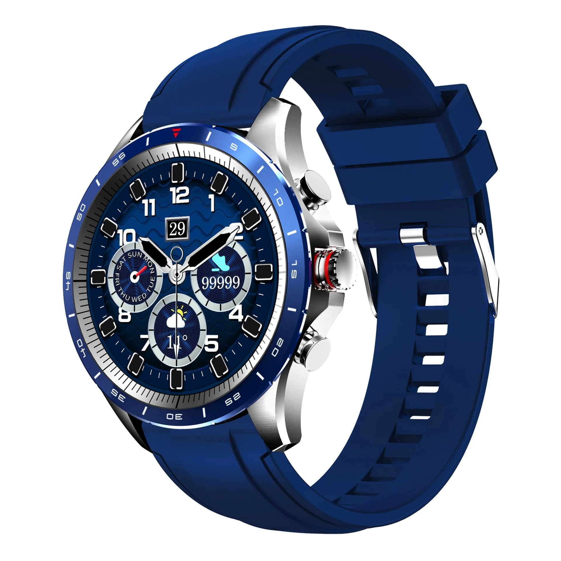 Men's black smart bracelet watch with zinc alloy screen and silicone band on a wrist.