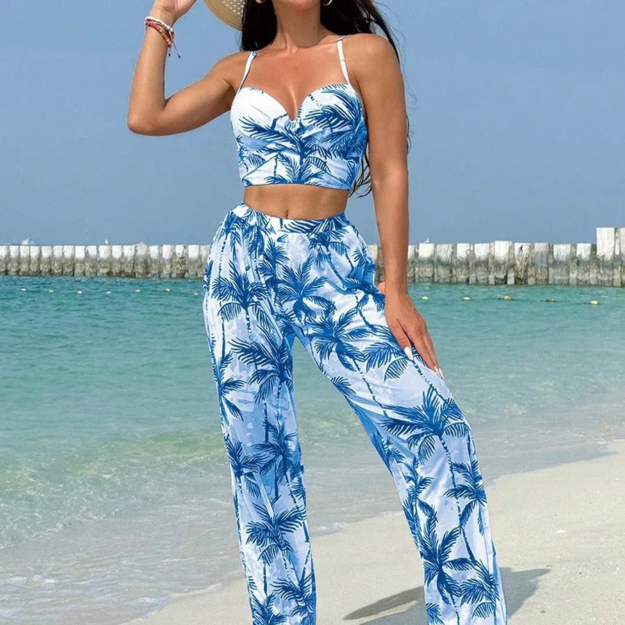 Women's printed bikini three-piece set in black with top and pants, polyester spandex swimwear