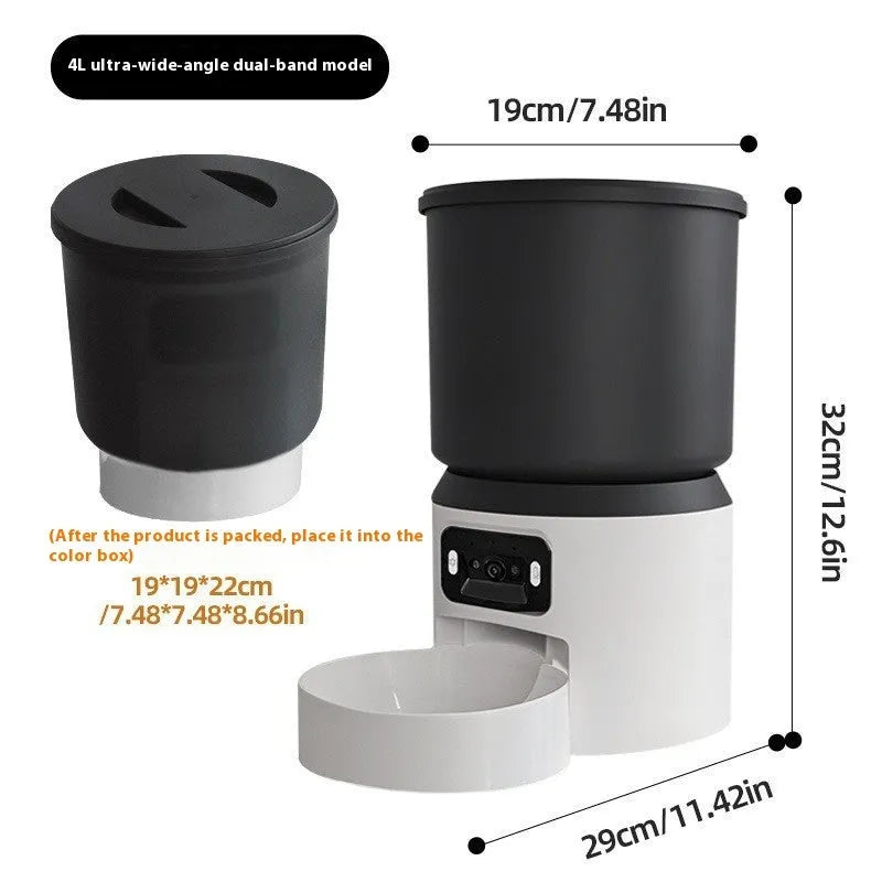 4-litre smart pet feeder with WIFI remote control and optional camera on countertop.