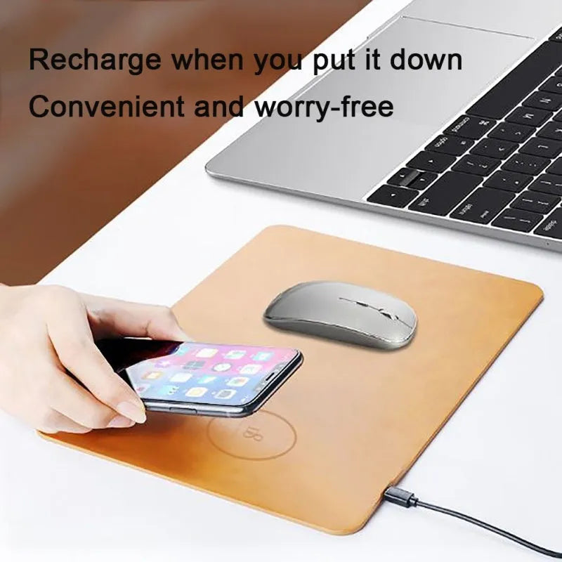 Brown leather-texture wireless charging mouse pad with a Micro USB cable for Qi device charging.