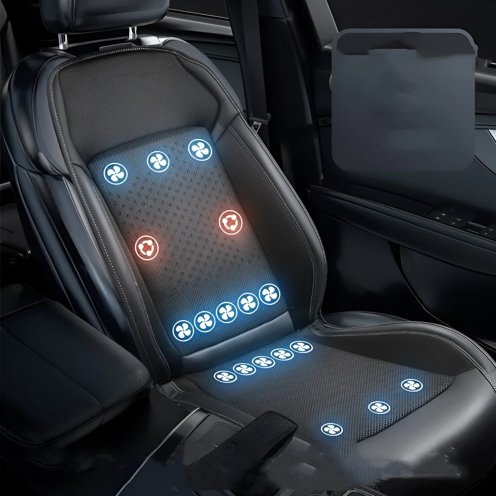 Minimalist black car seat cooling pad with USB-powered ventilation system for summer driving