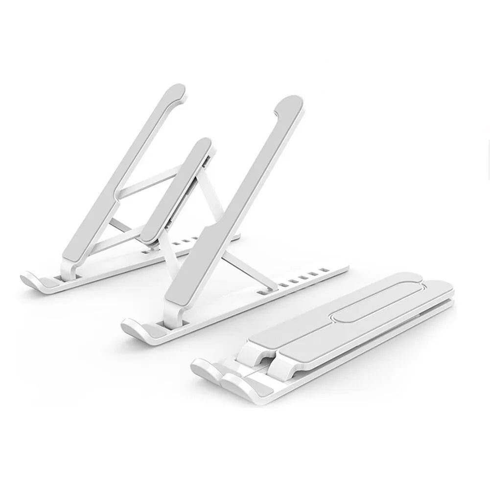 Black ABS adjustable laptop stand with 6 height gears folded flat on a white background