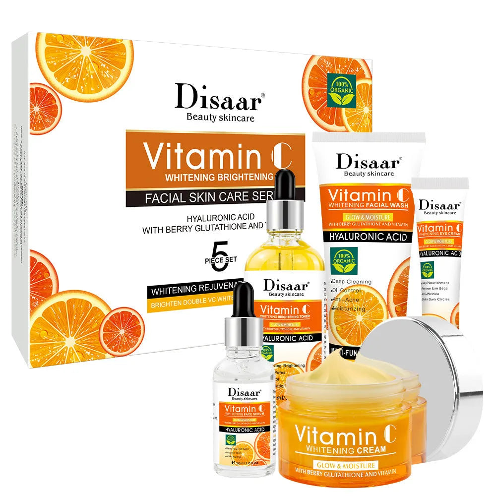 Vitamin C skin care product set with five hydrating and moisturising facial bottles in coordinating colour scheme