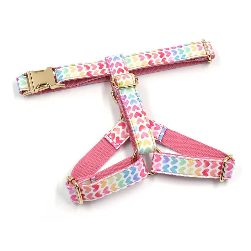 Pink colourful dog harness with gold buckle and heart-shaped stone decoration