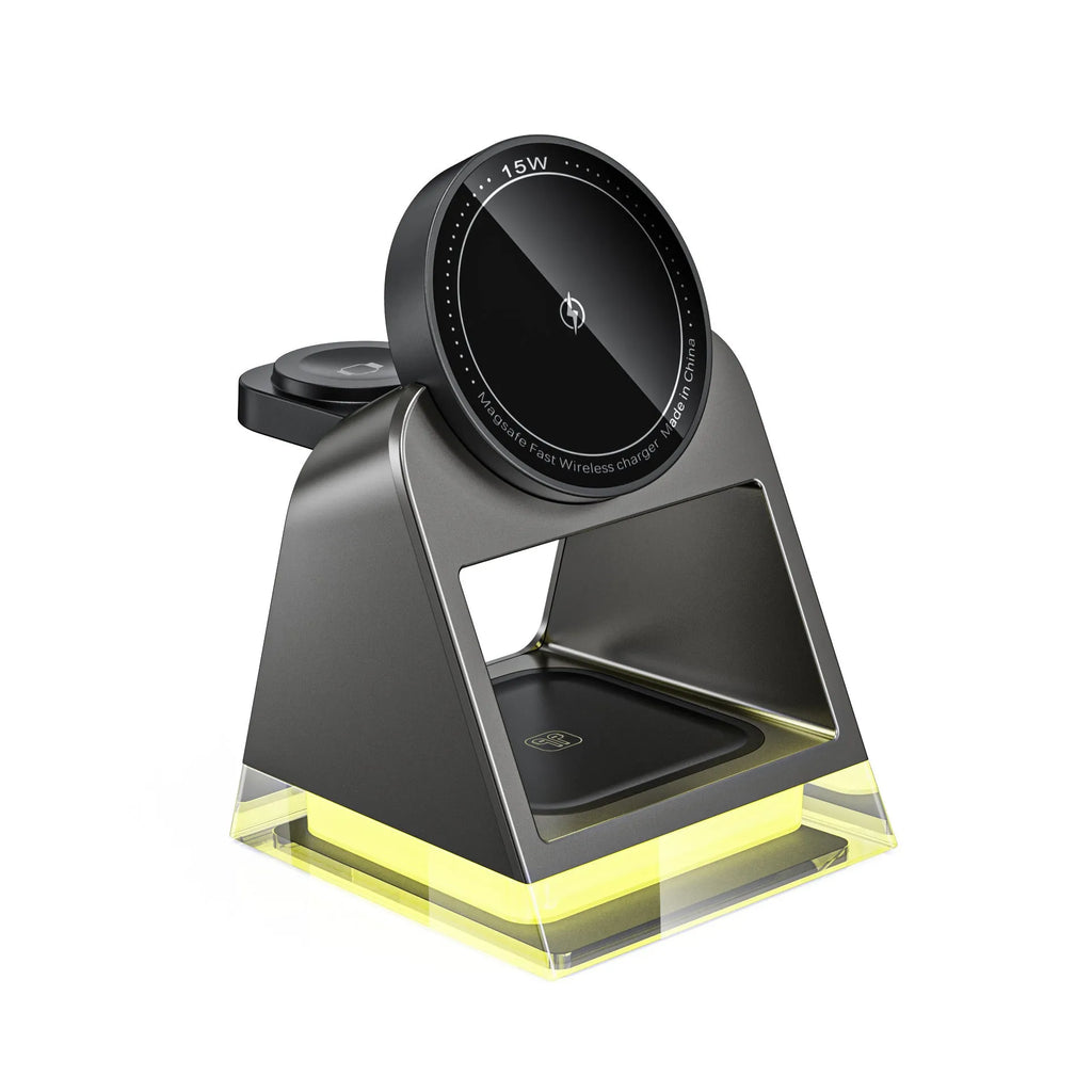 Touch Magnetic Three-in-one Wireless Charger in black, USB powered, compact plastic design for multi-device charging
