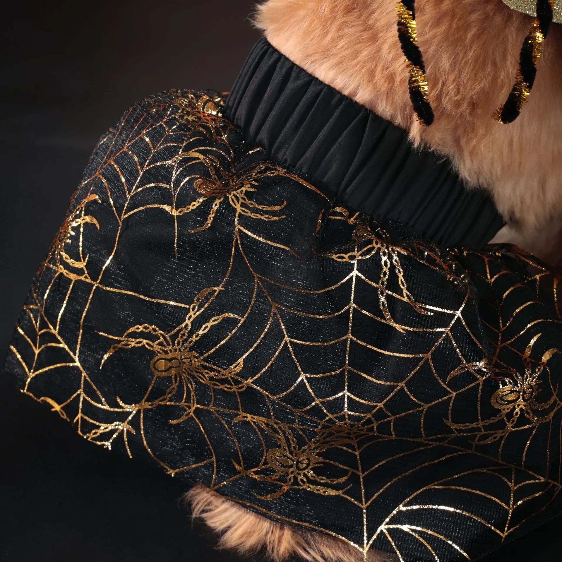 A dog wearing a full-body polyester suit costume for Halloween, available in sizes S, M, L, and XL.