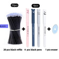 0.5mm fine tip hot erasable pen in black, blue, and red with refill sets on a white background.