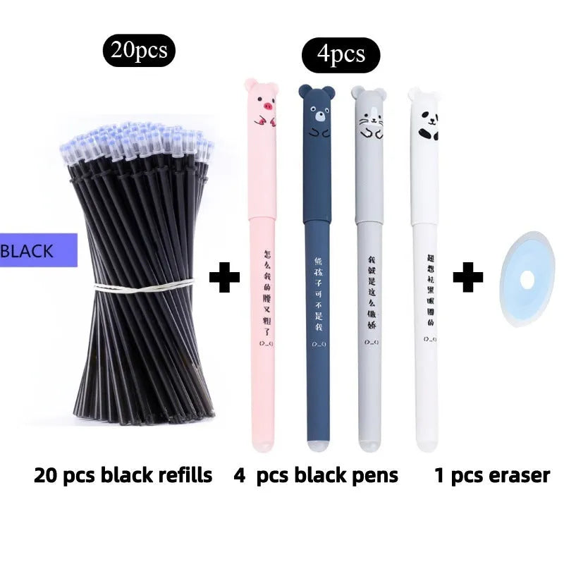 0.5mm fine tip hot erasable pen in black, blue, and red with refill sets on a white background.