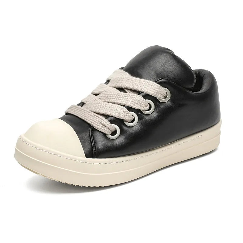 Men's black leather slip-on casual shoes with round toe and flat rubber sole