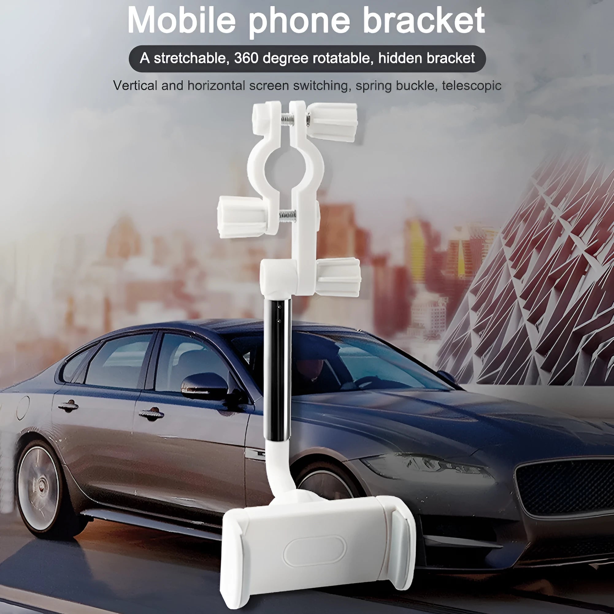 Black ABS car rearview mirror phone holder with 360-degree rotation mounted on a car mirror