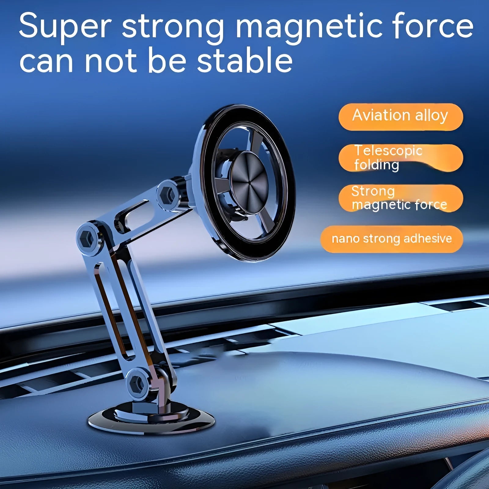 All-metal magnetic car phone holder with magnetic rings and spare adhesive pads in multiple colour options