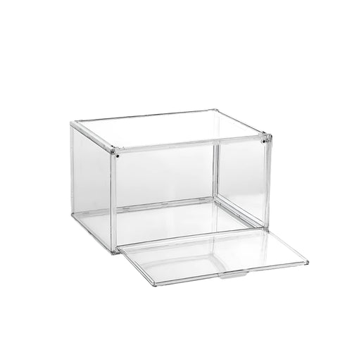 Clear acrylic shoe storage box with magnetic side door open, showing shoes inside.