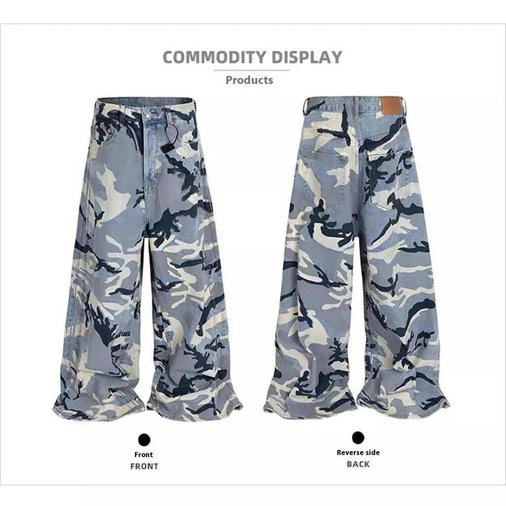 Snow camouflage blue loose fit denim jeans on a neutral background, showing mid-waist and relaxed leg cut.