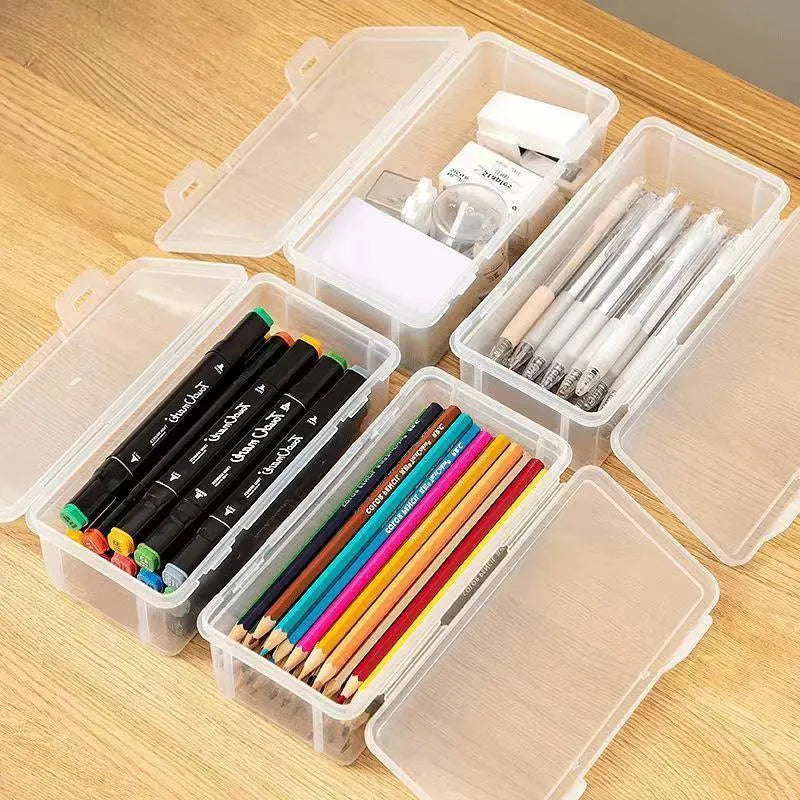 Transparent plastic pencil storage box showing interior space for organising stationery