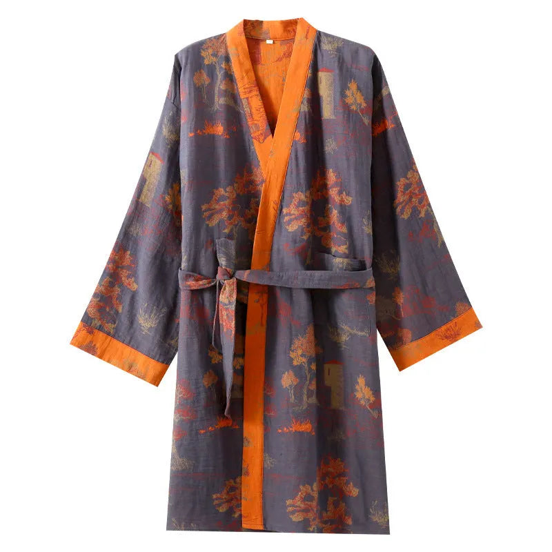 Pure cotton jacquard Chinese style belt nightgown in gray green with belt detail