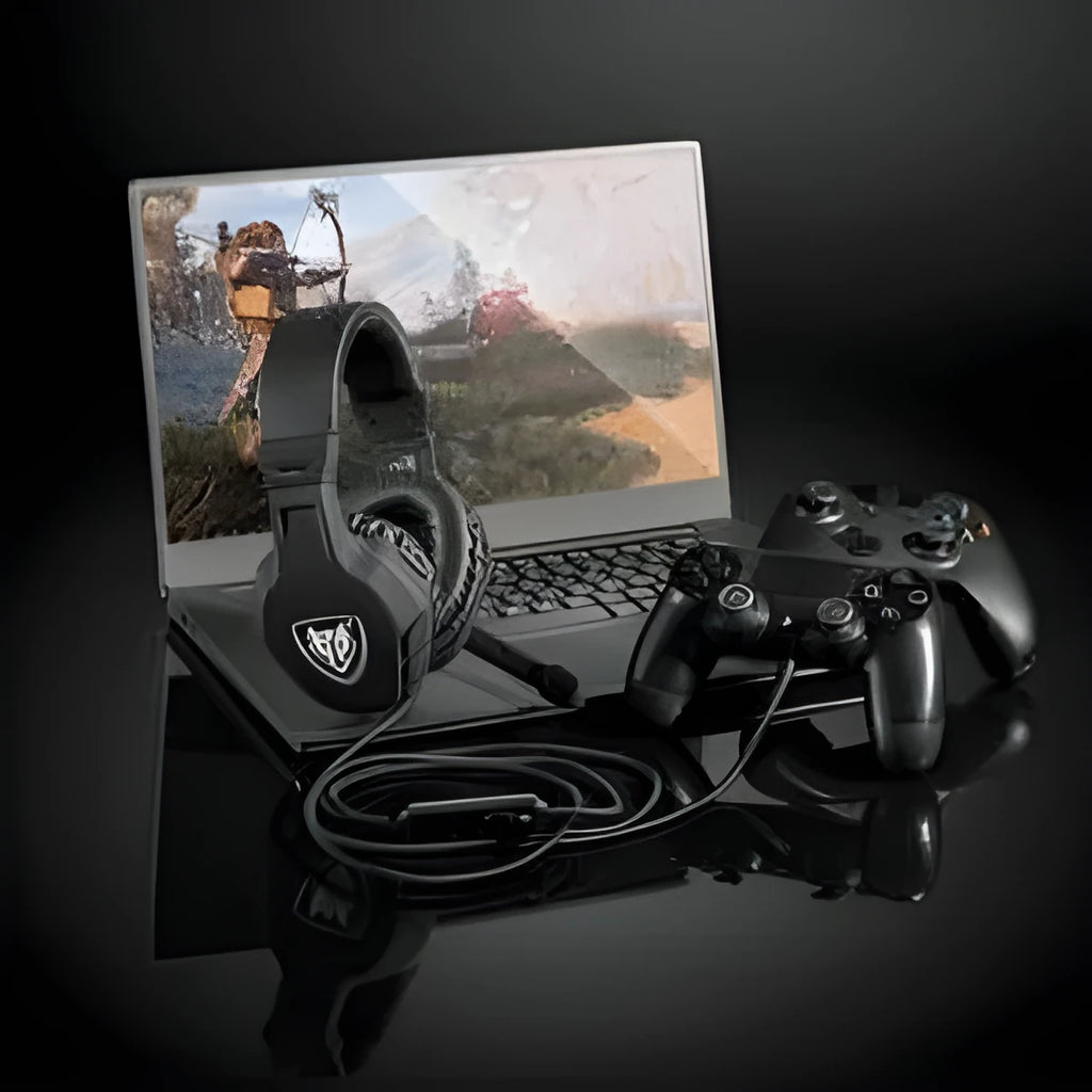 E-sports gaming headset in pure black with over-ear design, 50mm drivers, and attached microphone on 1.6m cable