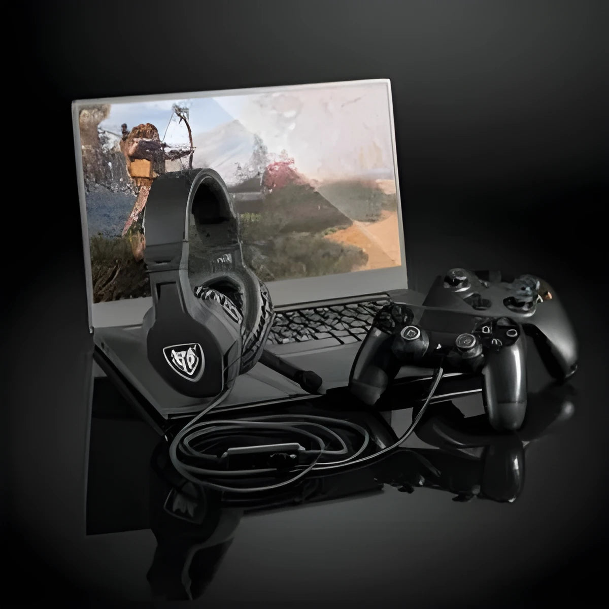 E-sports gaming headset in pure black with over-ear design, 50mm drivers, and attached microphone on 1.6m cable