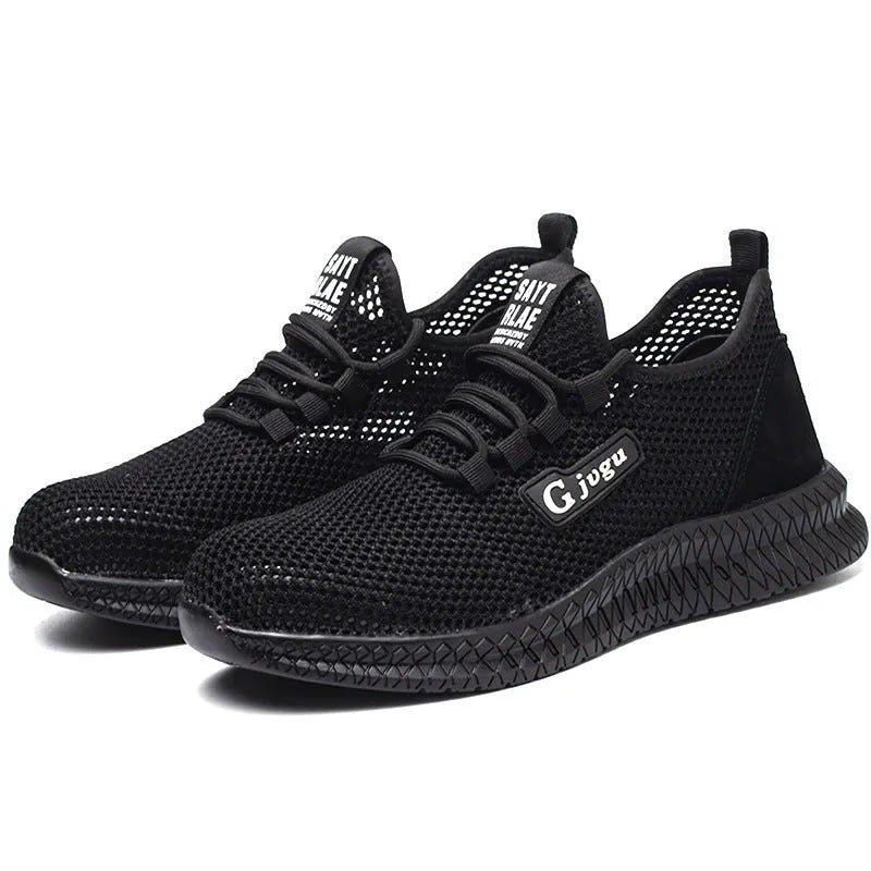 Men's Flyknit safety work shoes with steel toe caps in black, grey, and yellow colour options