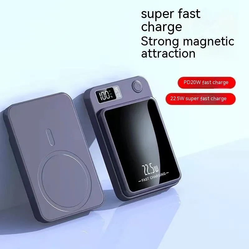Wireless power bank in black, white, purple, or green with Magsafe charging surface.
