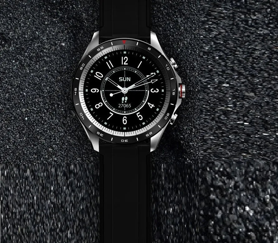 Men's black smart bracelet watch with zinc alloy screen and silicone band on a wrist.