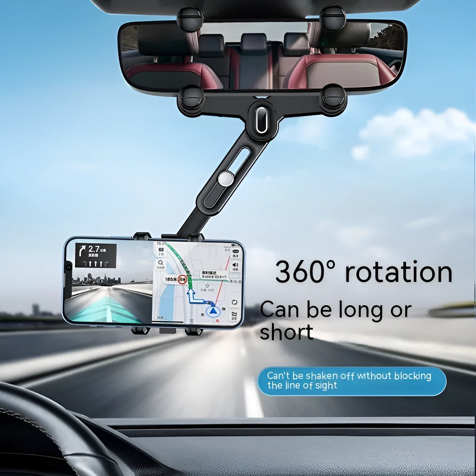 Car rear view mirror mobile phone holder bracket with retractable arm and snap-on clamp installation