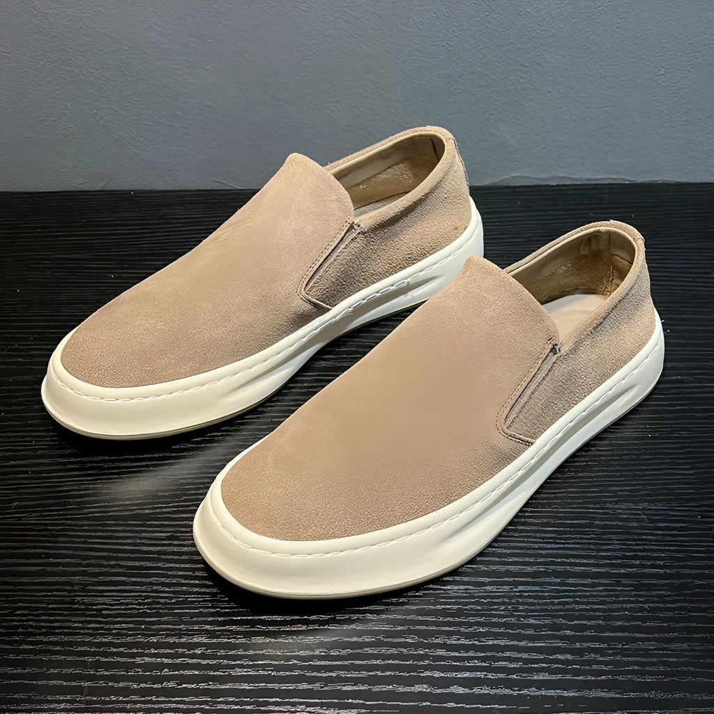 Men's grey and apricot casual shoes with round toe design and height increasing insoles