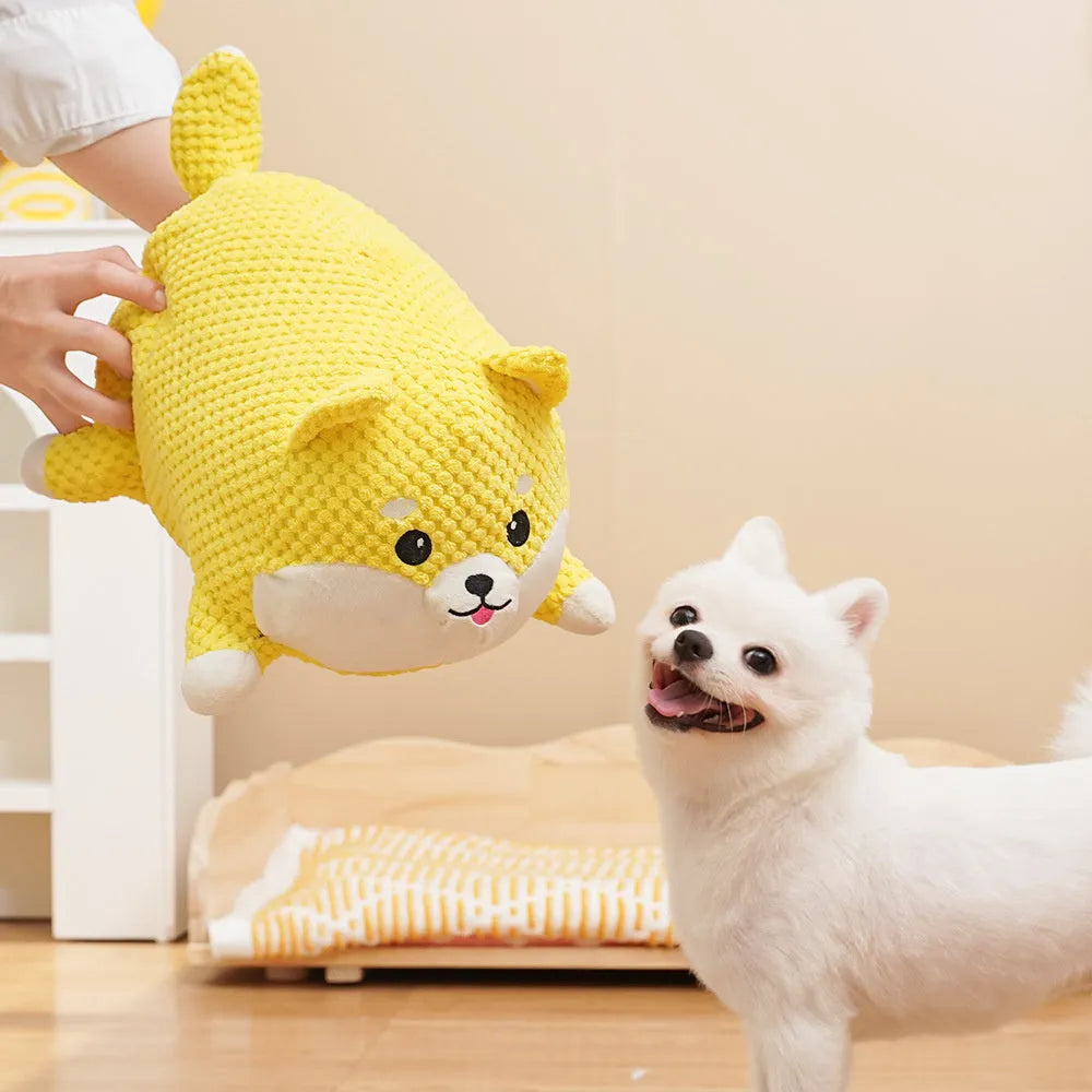 Plush dog calming toy with squeaker for puppies, available in large and medium bite-resistant options