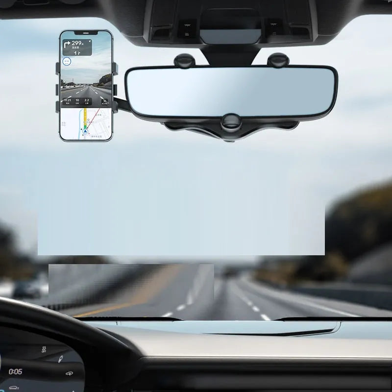 Adjustable left-right rotation navigation bracket mounted on car rearview mirror with smartphone