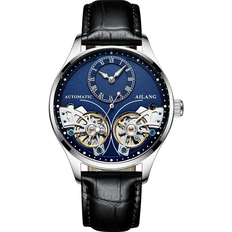 Automatic men's watch with tourbillon and moon phase on a round black dial in a titanium case.