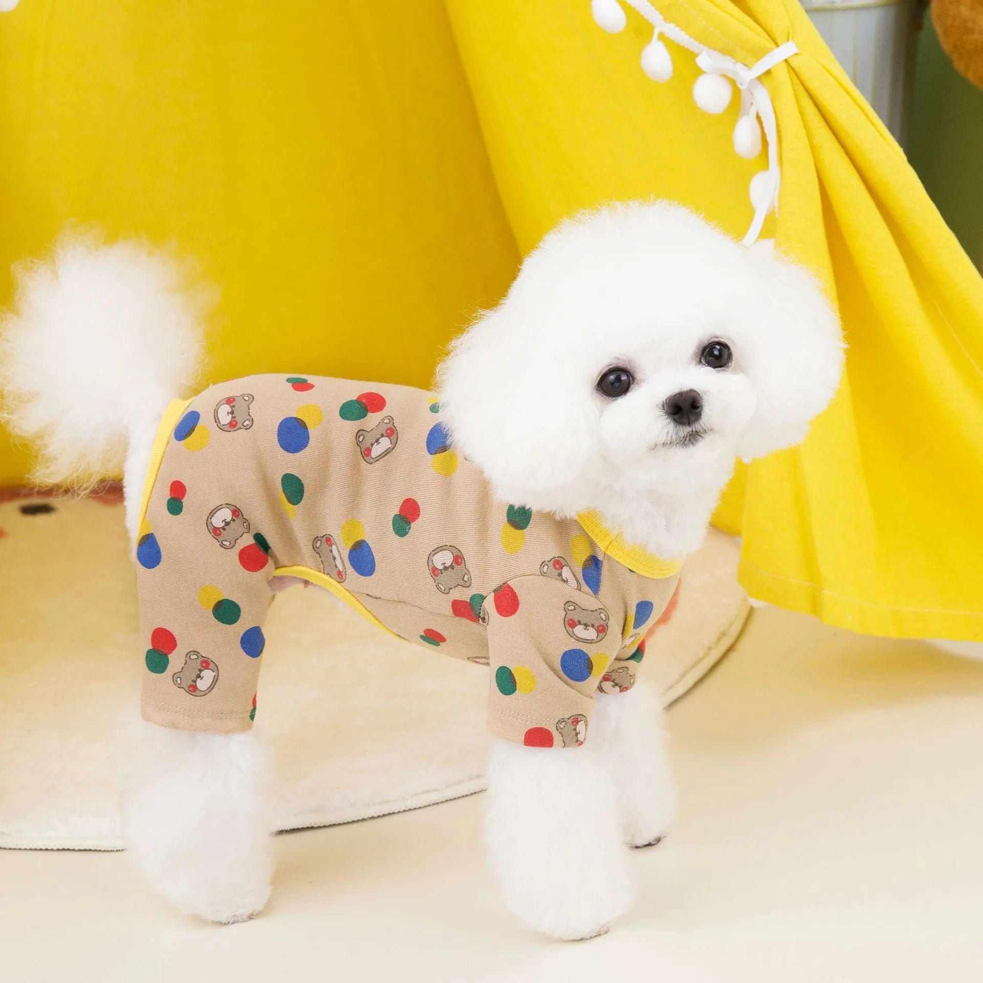 Beige dog jumper with colourful ball bear appliqué design for casual pet wear