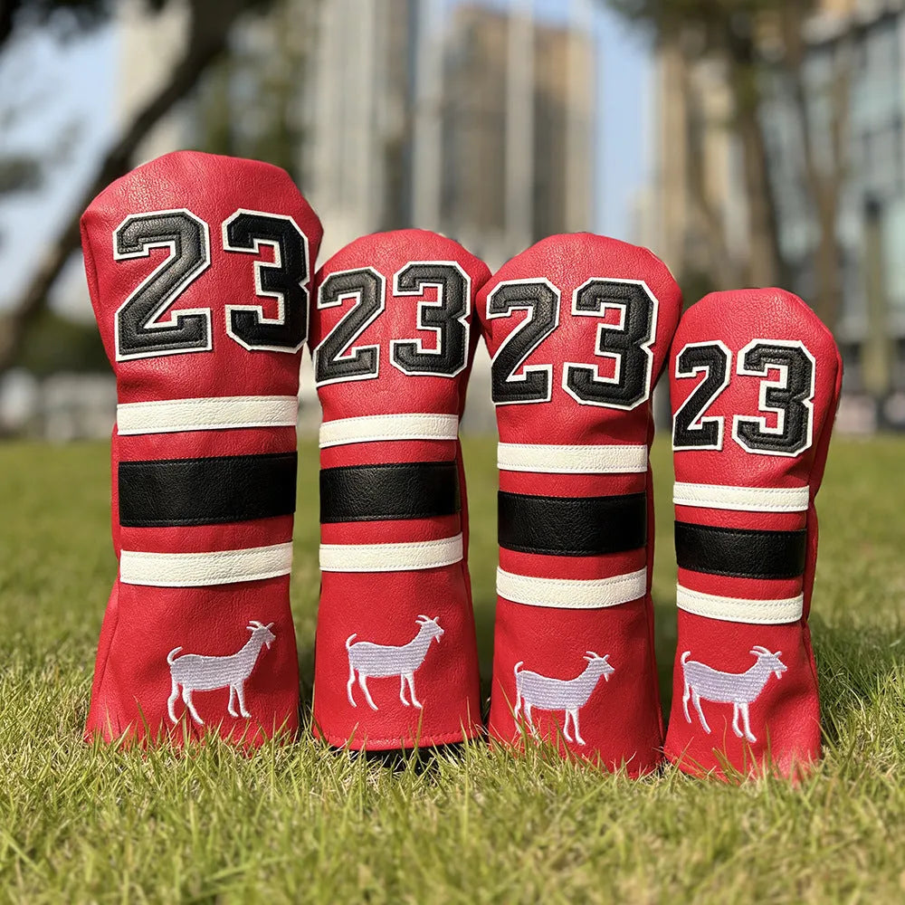 Set of four PU golf club headcovers including a square putter cover and chicken drumstick wood covers