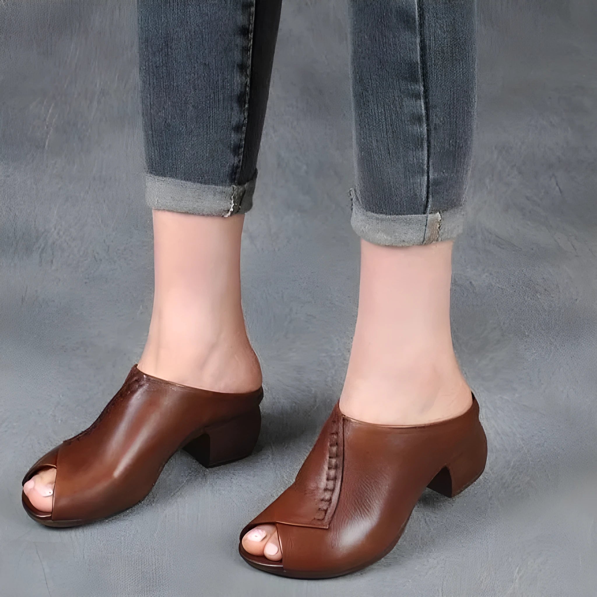 Women's black square heel peep toe slippers with fish mouth scaffold design