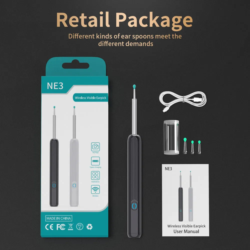 NE3 wireless otoscope ear cleaner with camera, spoon heads, and charging cable on a white background.