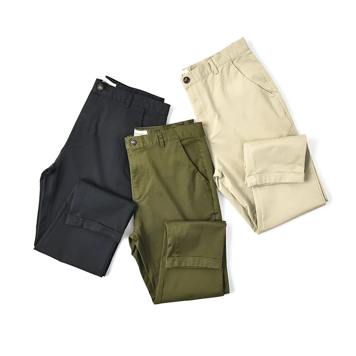 Men's cotton twill slim straight casual pants in black, high waist, zipper fly, solid colour