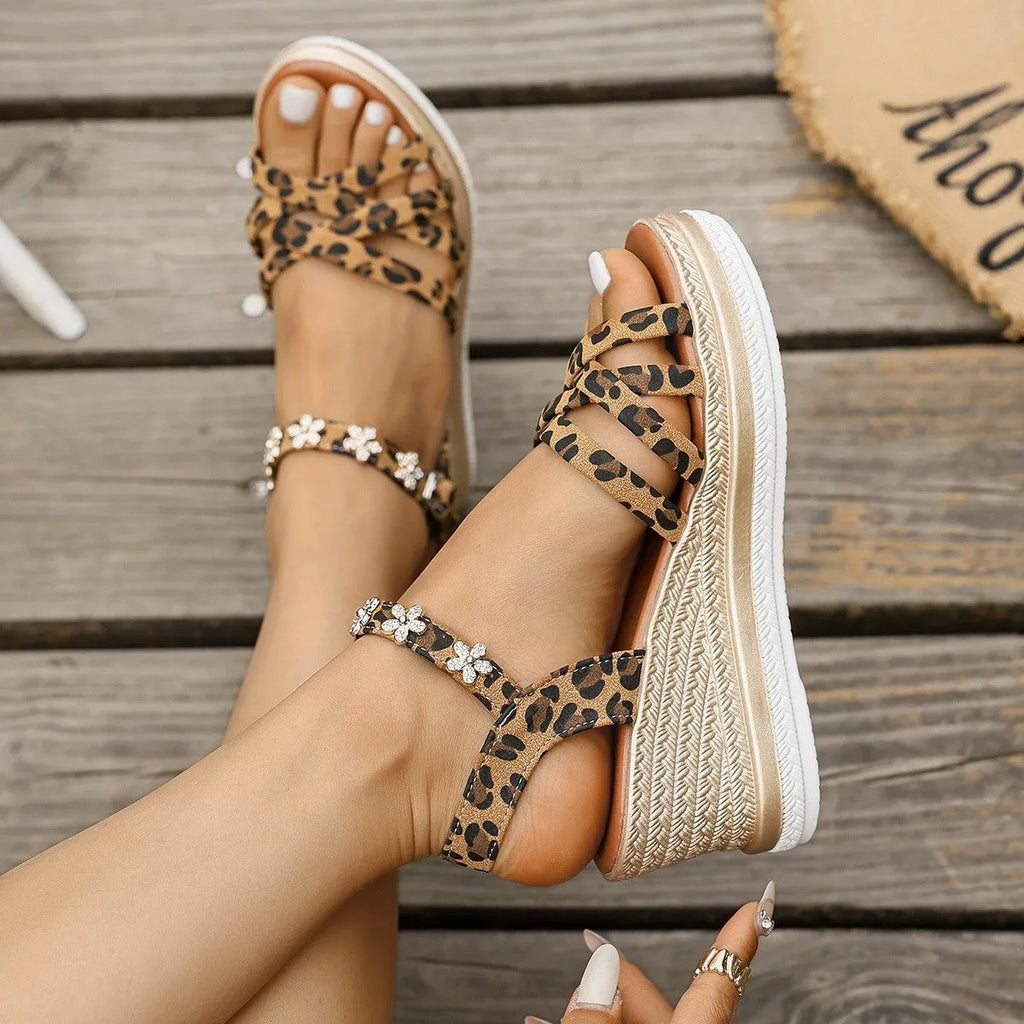 Light brown suede women's platform sandals with ankle buckle and open toe.