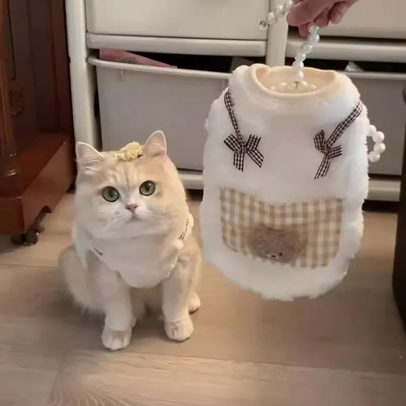 Cat wearing Blue Bear fleece clothing for autumn winter anti-shedding warm pet wear