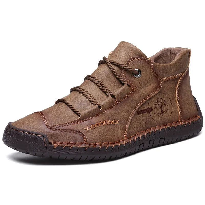 Men's brown leather high-top boots with round toe and flat rubber soles