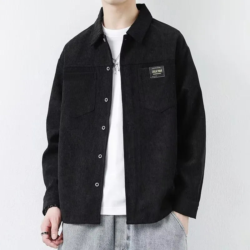 Men's corduroy cardigan jacket in black, dark grey, khaki, or orange with long sleeves