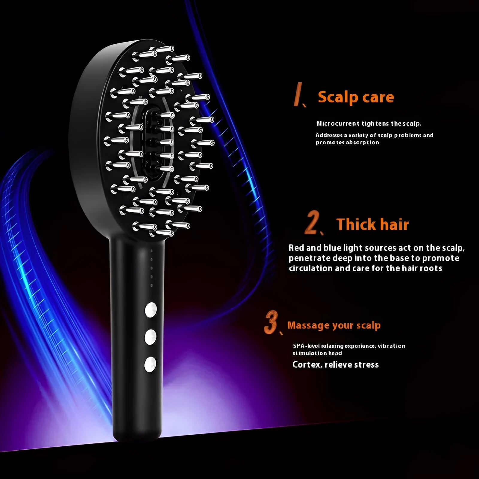 Black handheld scalp massager device with vibration settings for hair care therapy