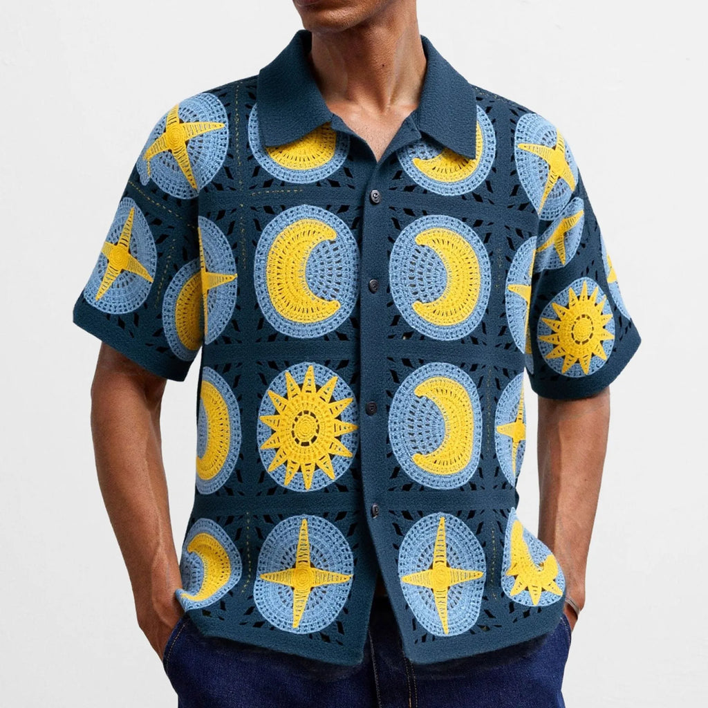 Men's navy blue short-sleeved cardigan with a raised cartoon flocking pattern on the front.