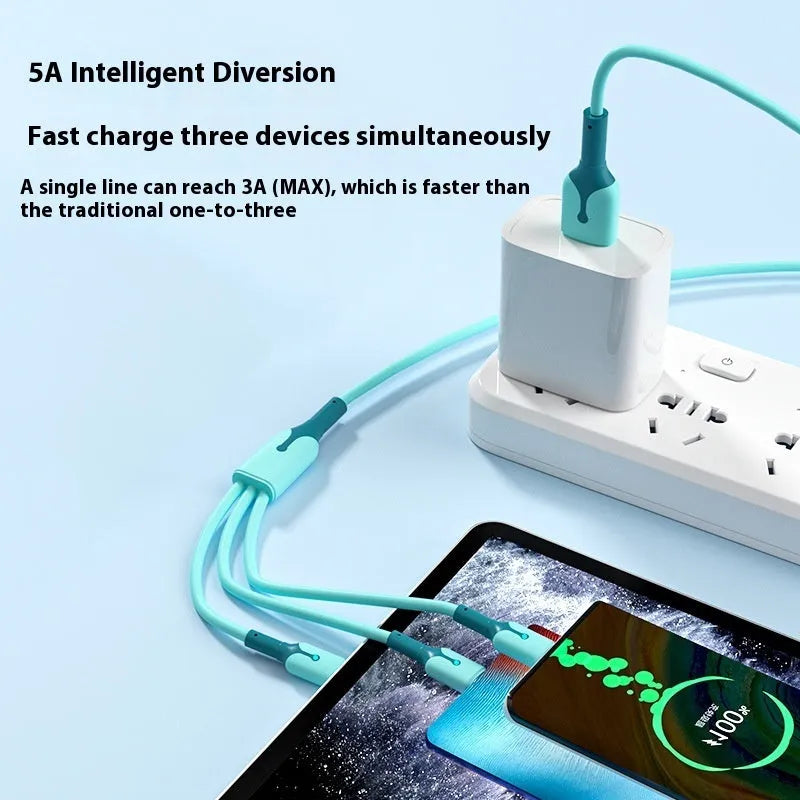 5A Super Three-in-one silicone charging cable with Lightning, Micro USB, and TYPE-C connectors in blue