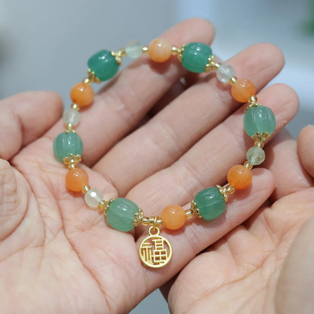 Jinsi Jade Duobao pumpkin bracelet with 9x10mm beads and Prehnite accents for 14-16.5cm wrists