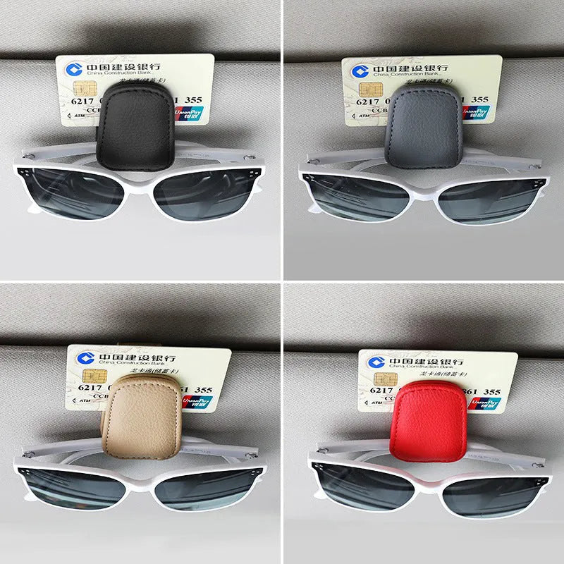 Car sunglasses clip holder made from PU leather in various colours, clipped to a sun visor.
