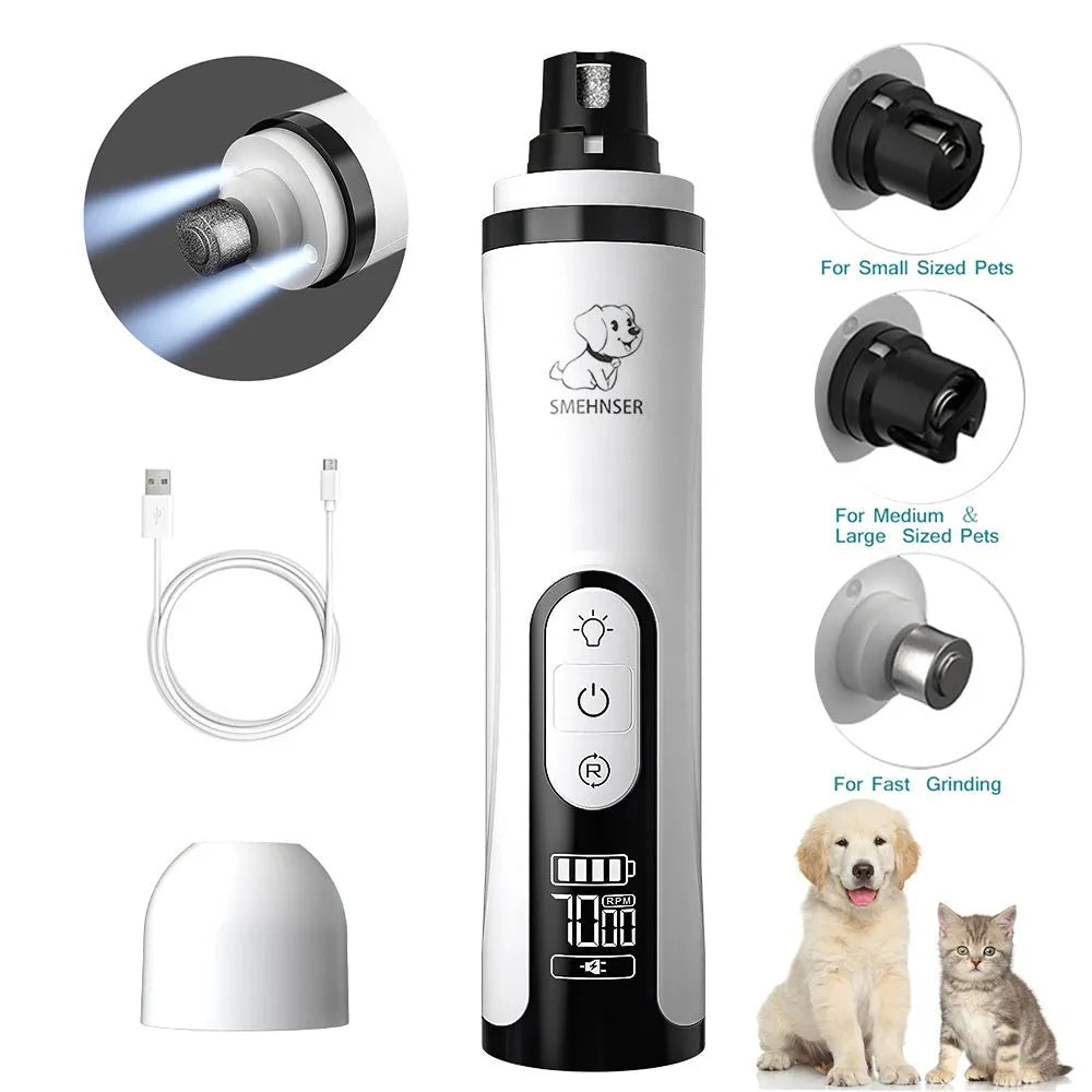 3-speed LED electric dog nail trimmer grinder with dust collection compartment and display.