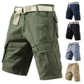 Cotton polyester cargo shorts in loose fit with multiple pockets, shown in solid colour options
