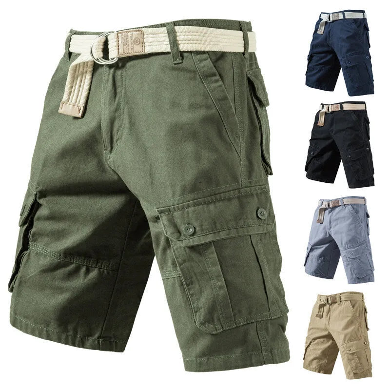 Cotton polyester cargo shorts in loose fit with multiple pockets, shown in solid colour options