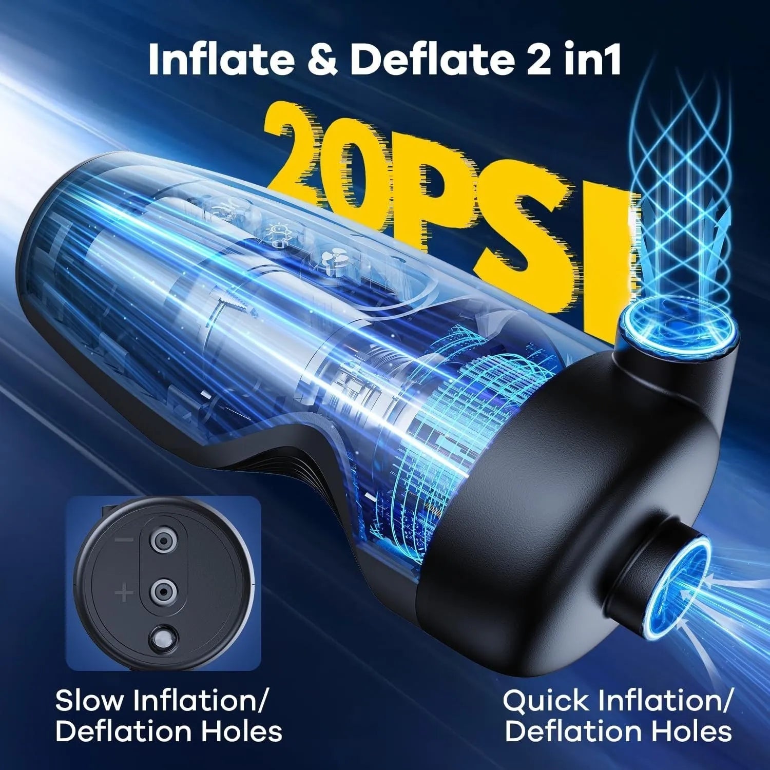 Black wireless portable air pump with LED lighting functions and compact design