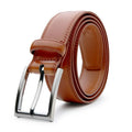 Men's brown genuine leather belt with 95 grain texture and a silver alloy buckle on a white background.