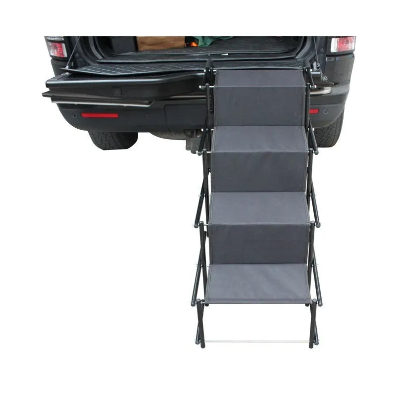 Folding stainless steel dog car ladder in navy blue colour showing extended position