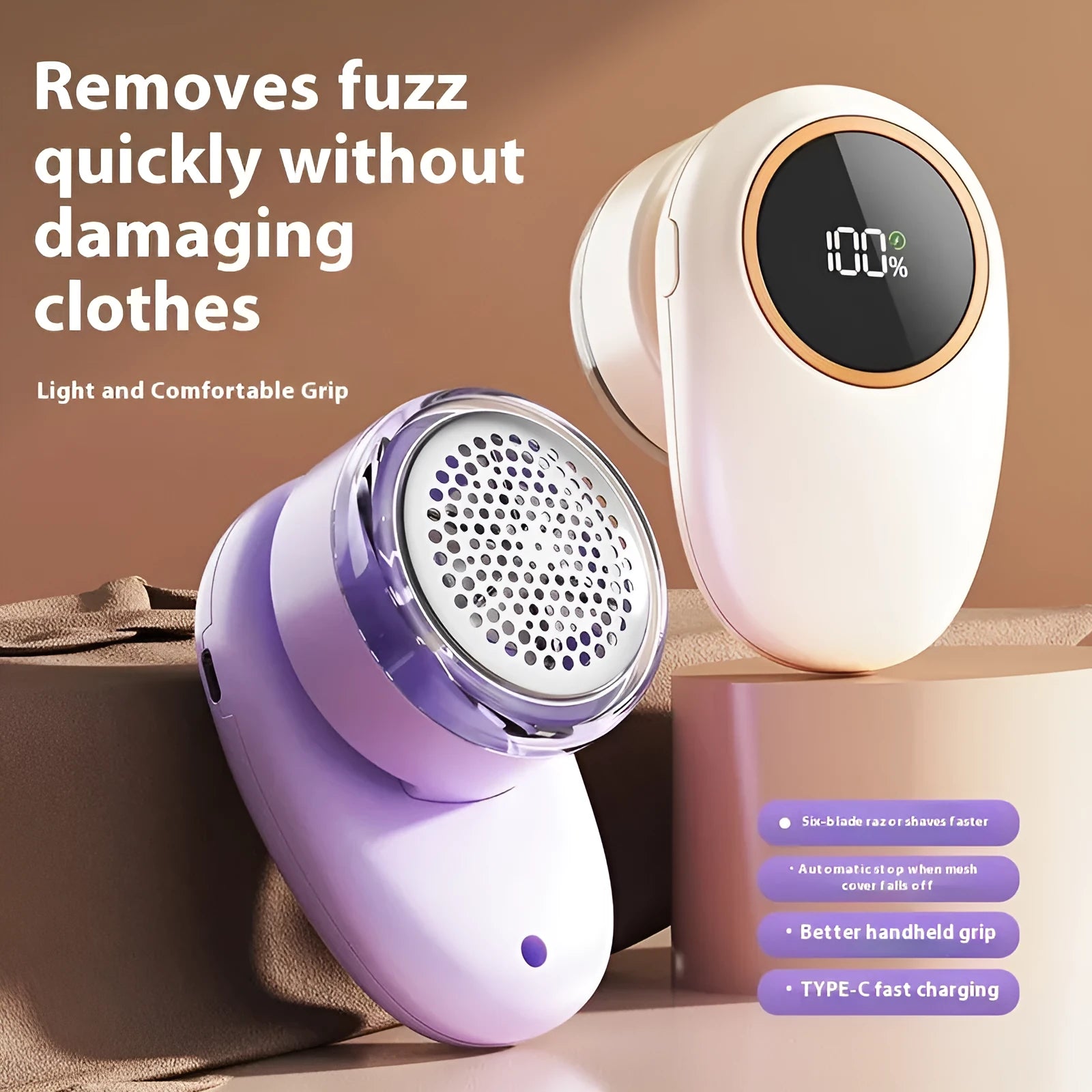 Purple and beige fur ball trimmer with digital display and multiple cutter heads for removing lint from fabric.